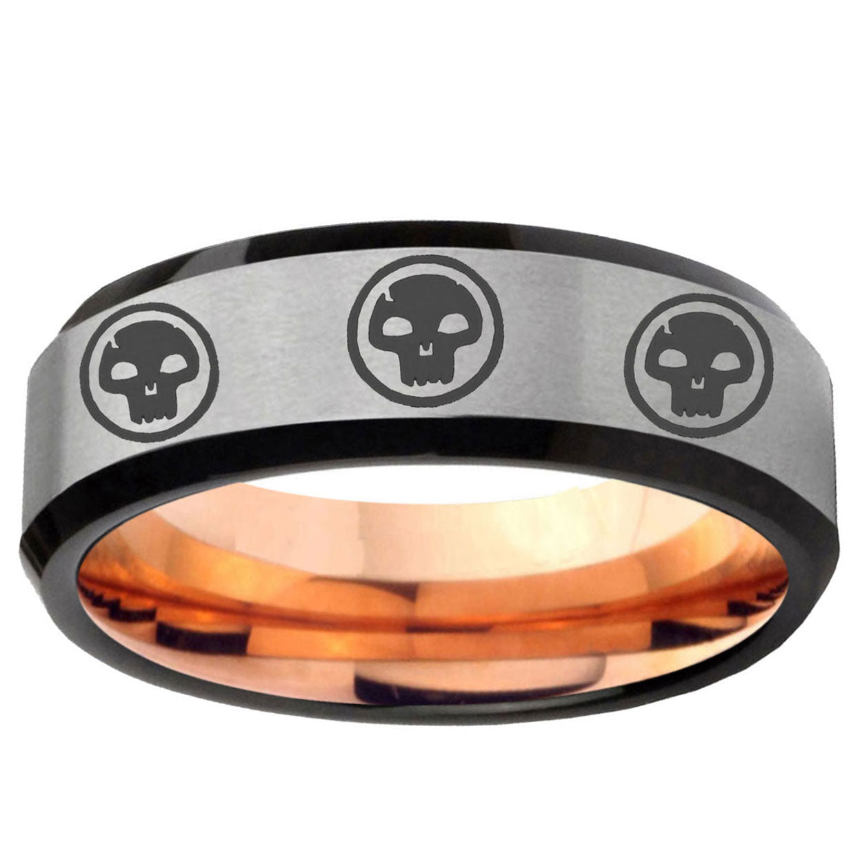 6MM Multiple Skull Beveled Rose Gold Gray Tungsten Ring Men