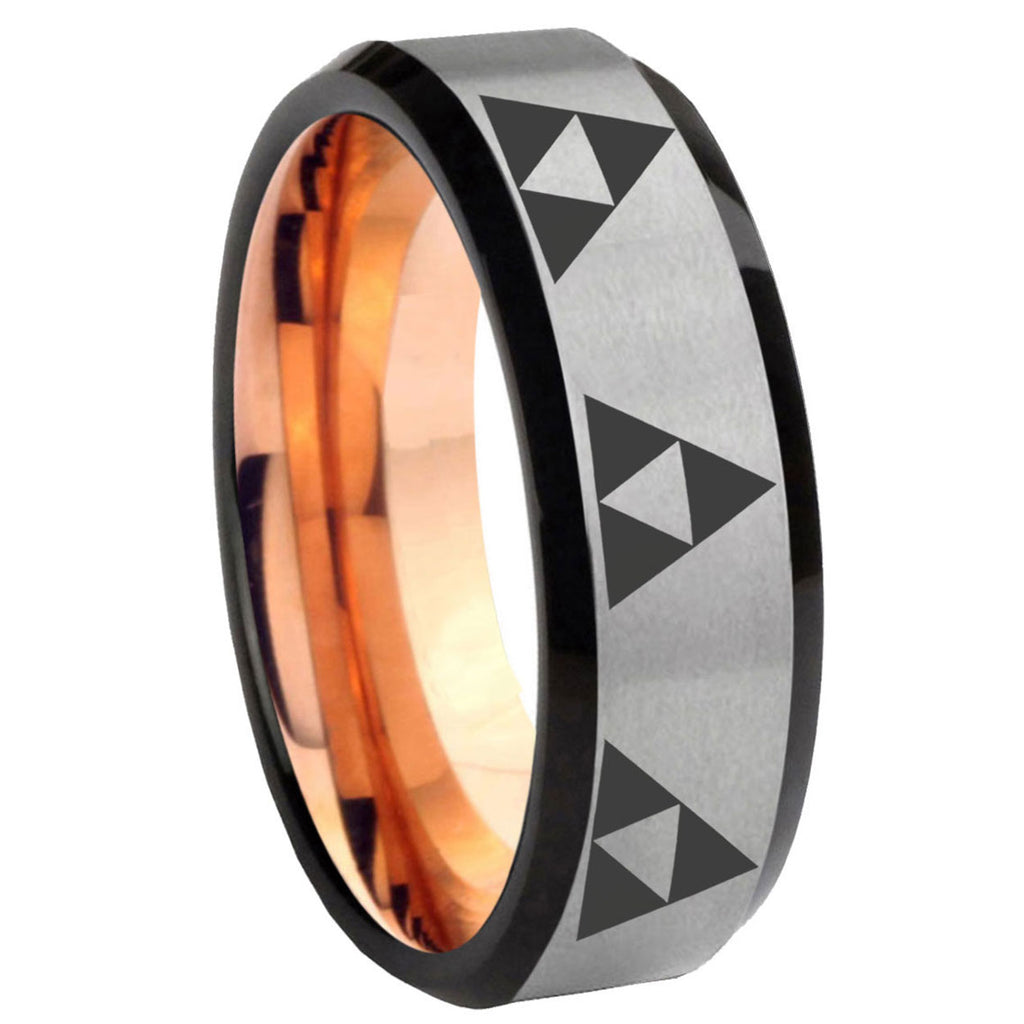 8MM Multiple Zelda Triforce Beveled Rose Gold Gray Tungsten Ring