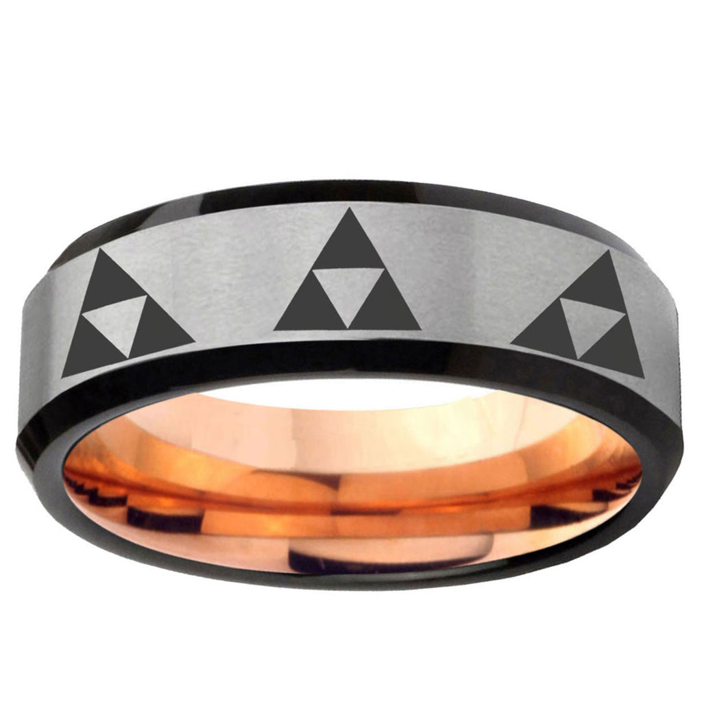 6MM Multiple Zelda Triforce Beveled Rose Gold Gray Tungsten Ring