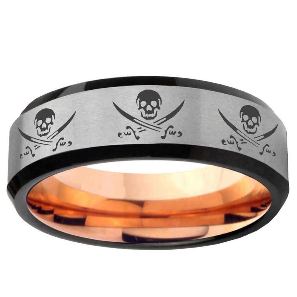 6MM Multiple Skull Pirate Beveled Rose Gold Gray Tungsten Ring