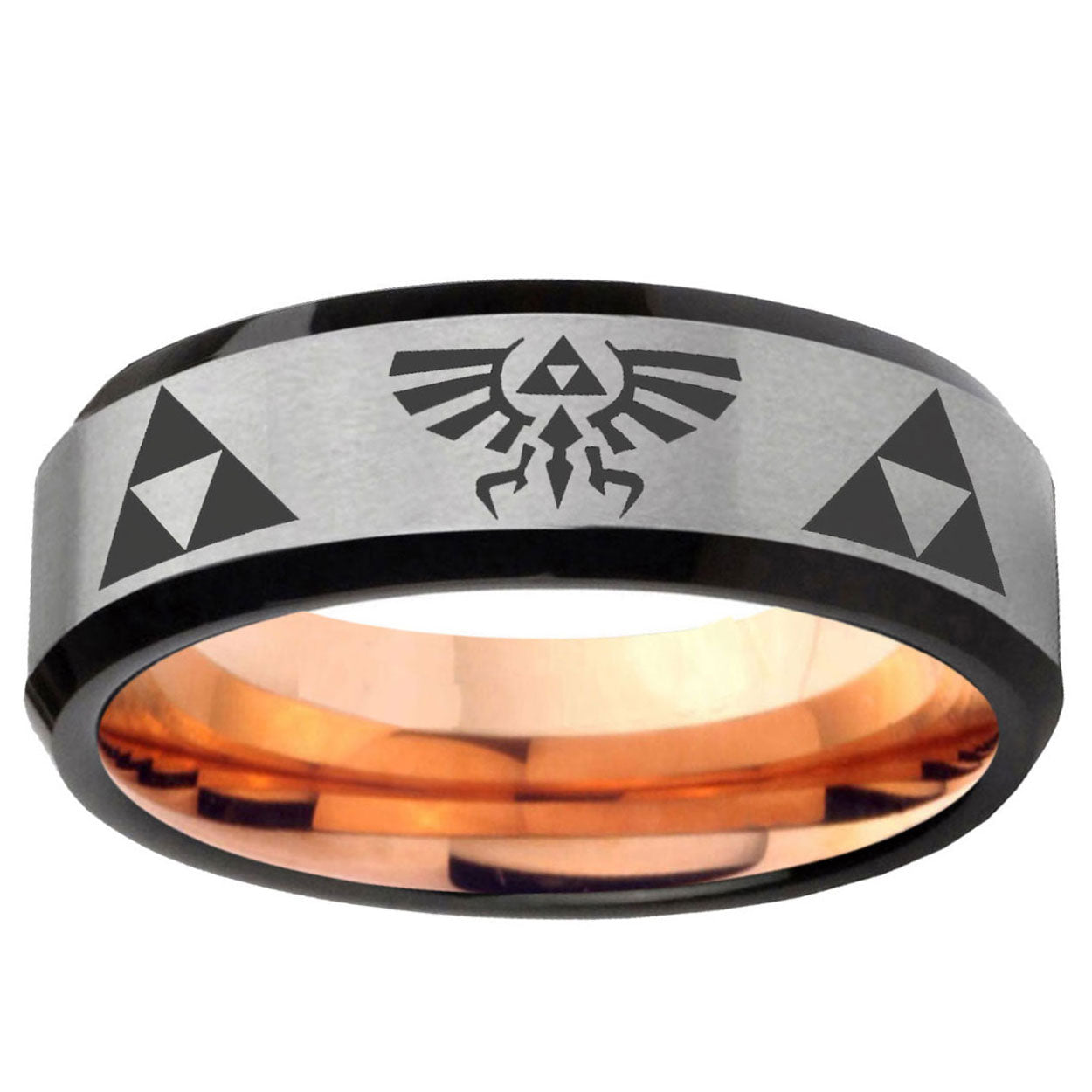 6MM Legend of Zelda Beveled Rose Gold Gray Tungsten Man Wedding Band
