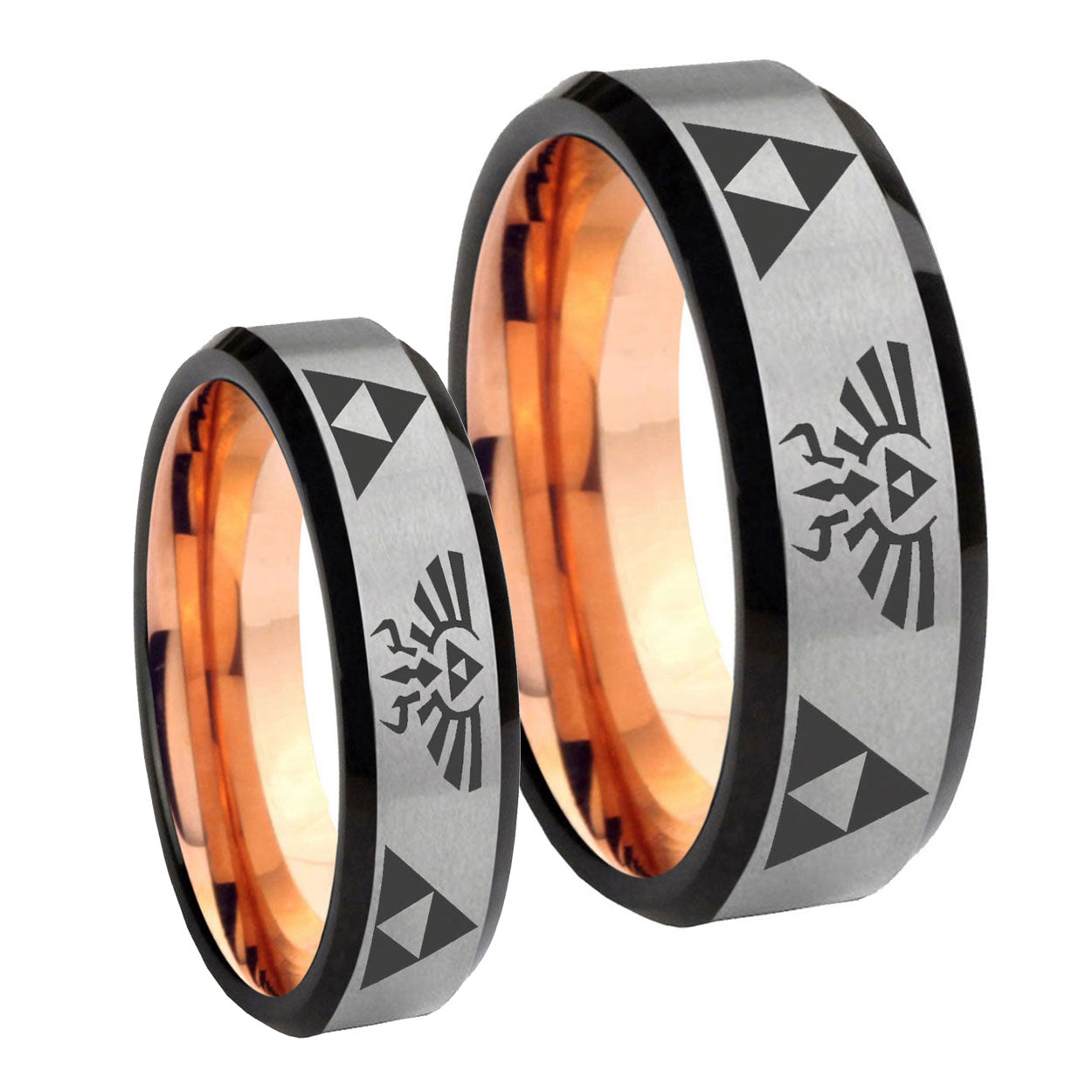 Legend of Zelda Bevel Gray Rose Gold Tungsten Mens Ring Set