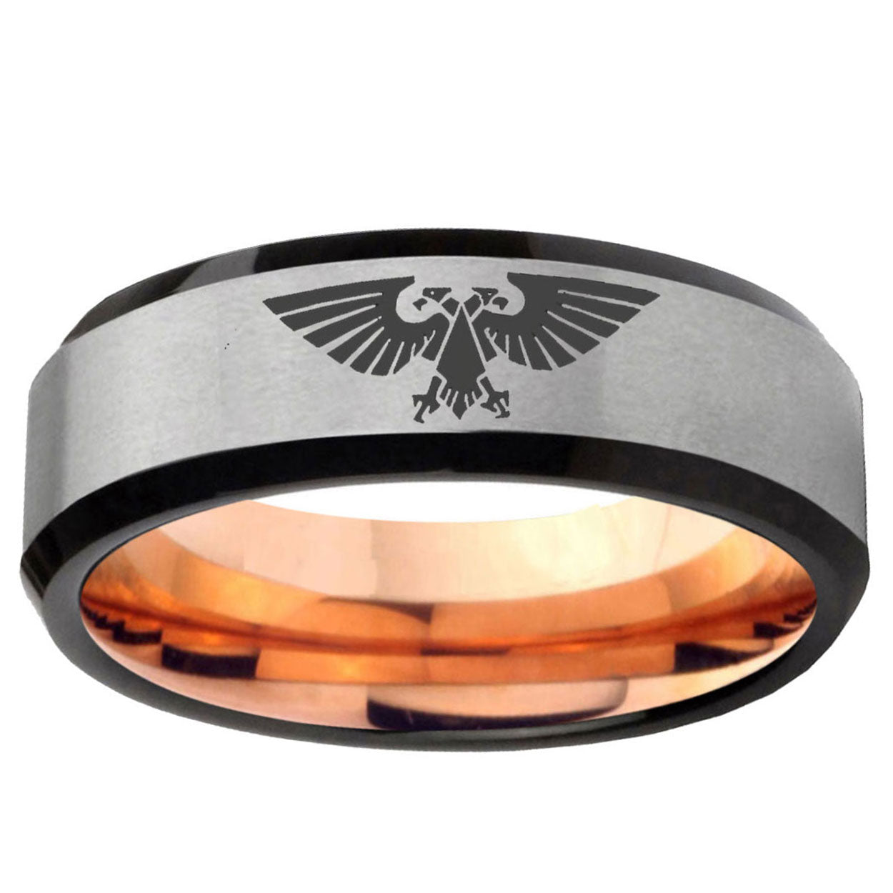 6MM Aquila Beveled Rose Gold Gray Tungsten Mens Ring