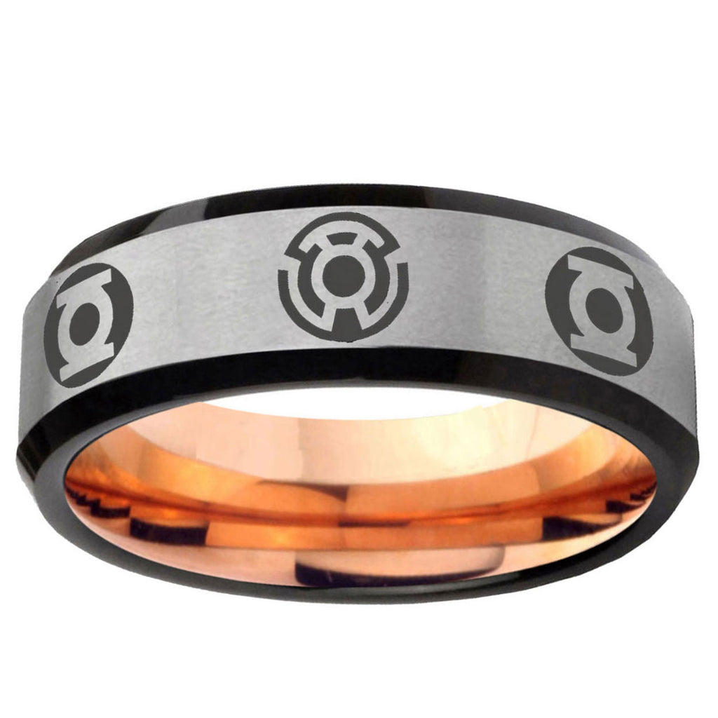 6MM Blue Green Lantern Beveled Rose Gold Gray Tungsten Ring For Men
