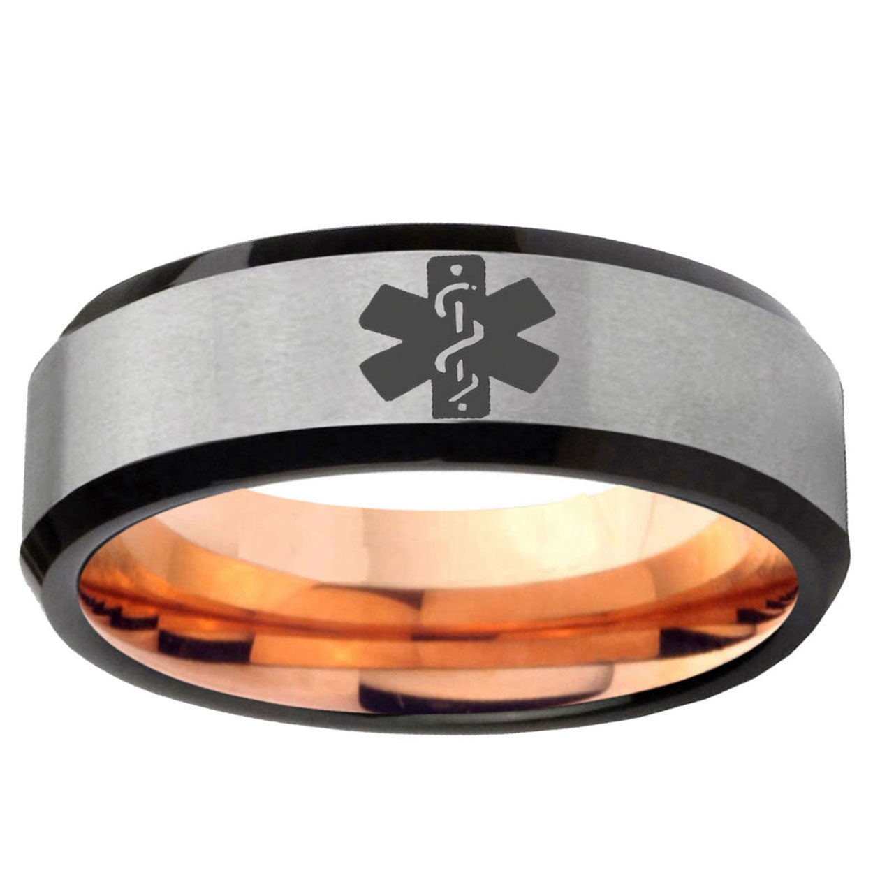 6MM Medical Alert Beveled Rose Gold Gray Tungsten Custom Engraved Ring