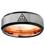 6, 8mm Masonic Triple Beveled Edge Gray And Rose Gold Tungsten Men Band Ring