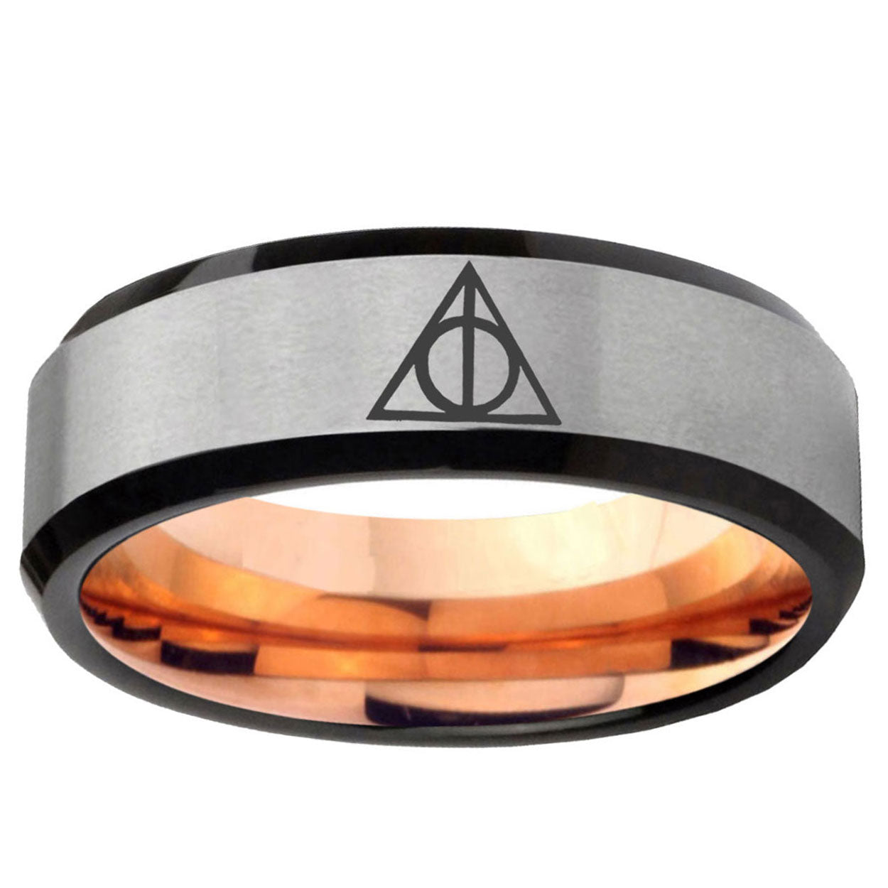 6MM Deathly Hallows Beveled Rose Gold Gray Tungsten Mens Wedding Rings