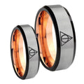 Deathly Hallows Bevel Gray Rose Gold Tungsten Engagement Ring Set