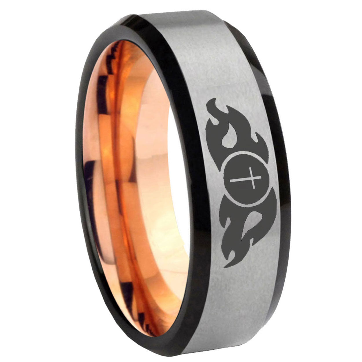 8MM Flamed Cross Beveled  Rose Gold Gray Tungsten Ring Men