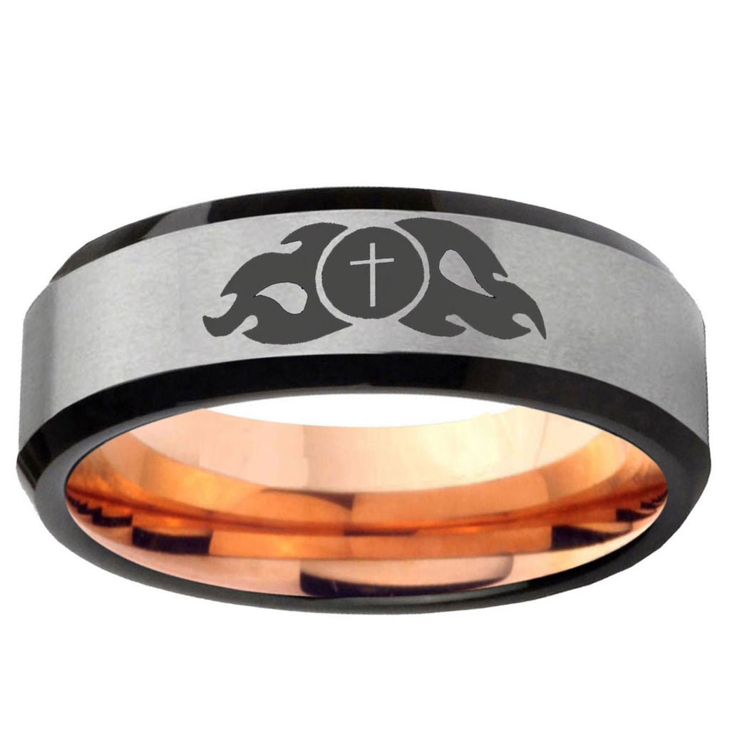 6MM Flamed Cross Beveled  Rose Gold Gray Tungsten Ring Men