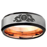 6, 8mm Flamed Cross Beveled Edge Gray And Rose Gold Tungsten Ring
