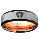 6, 8mm Greek CTR Beveled Edge Gray And Rose Gold Tungsten Ring