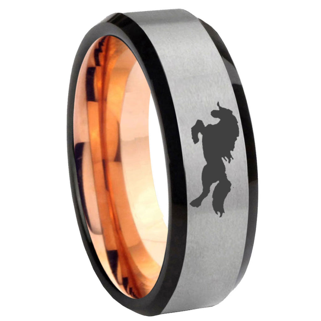 8MM Horse Beveled Rose Gold Gray Tungsten Engrave Man Ring
