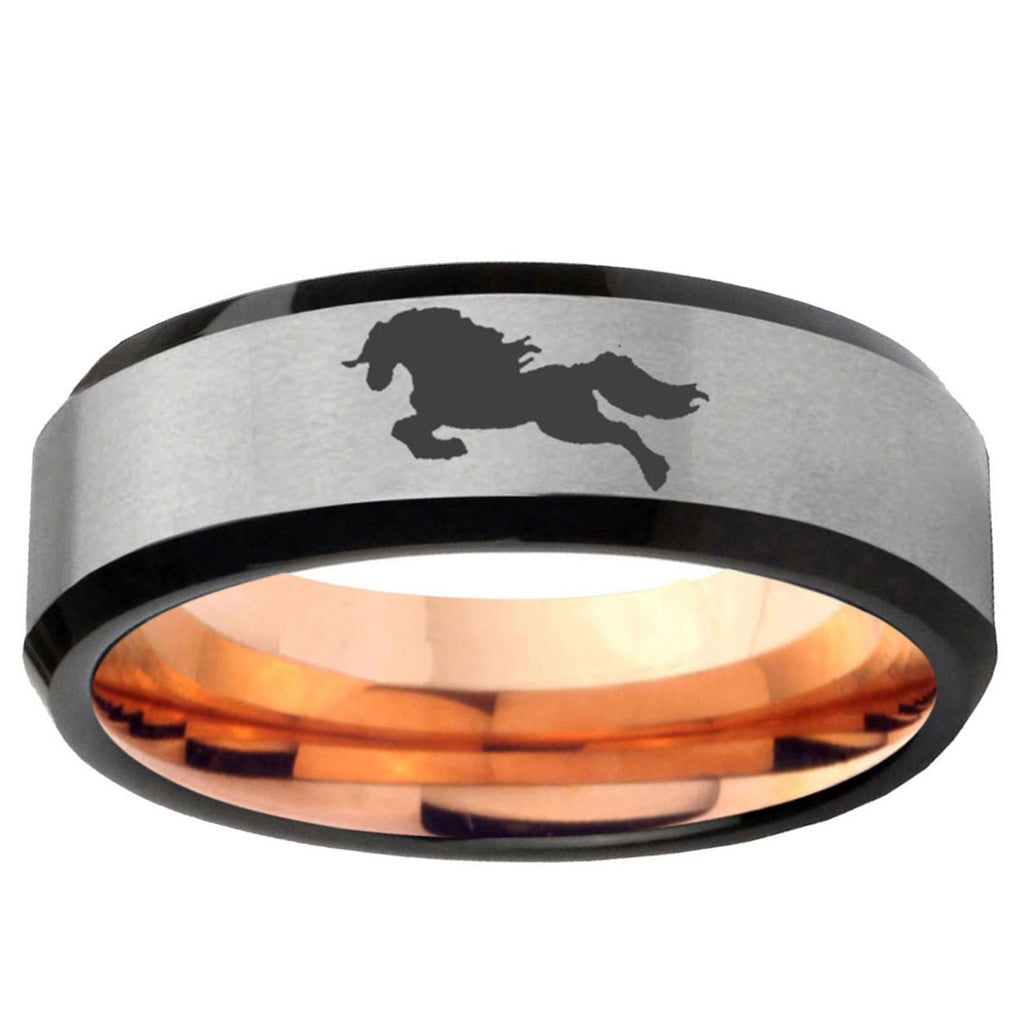 6MM Horse Beveled Rose Gold Gray Tungsten Engrave Man Ring