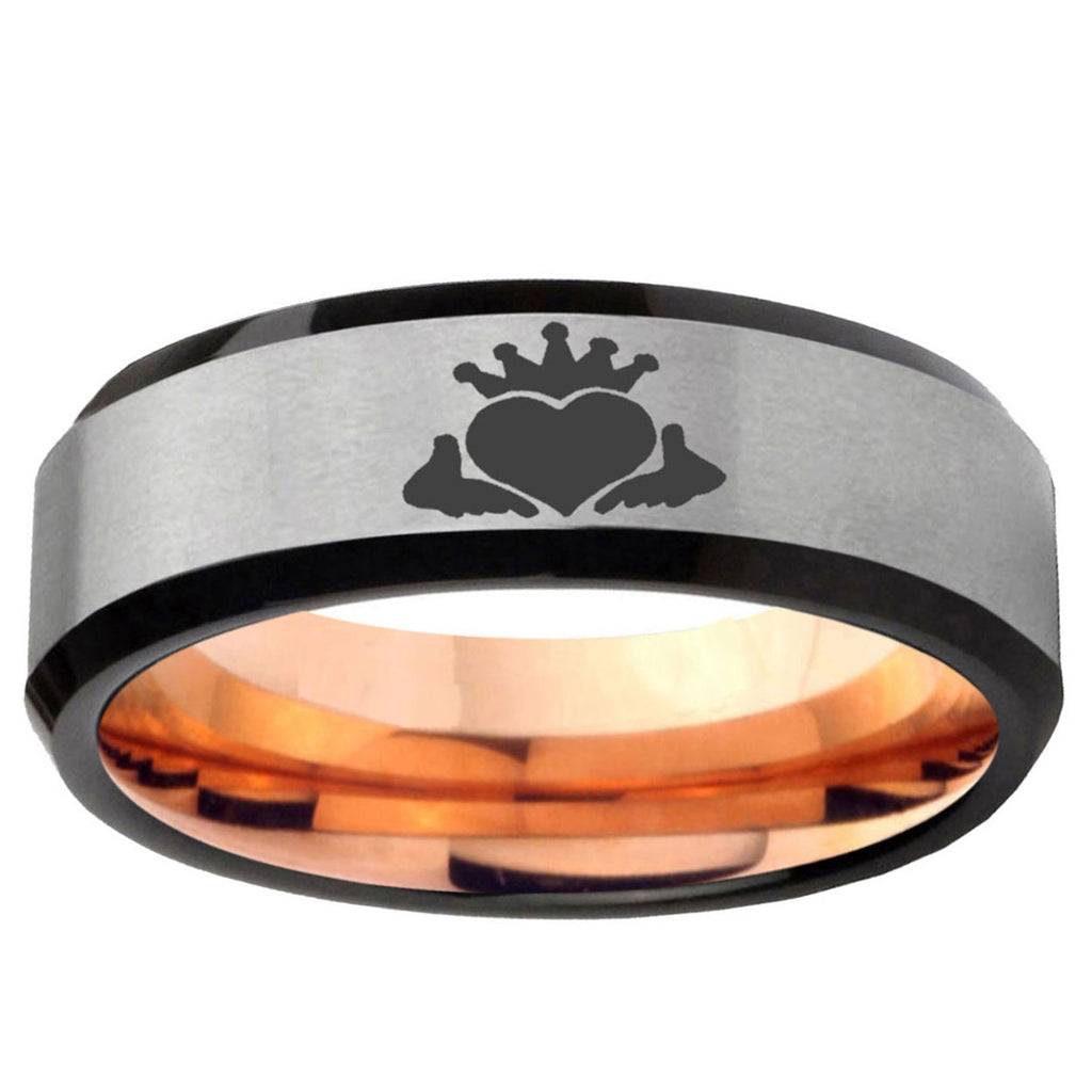 6MM Claddagh Design Beveled Rose Gold Gray Tungsten Men's Wedding Band