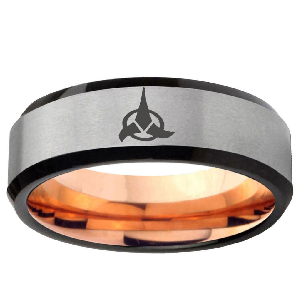 6MM Klingon Beveled Rose Gold Gray Tungsten Men's Wedding Band