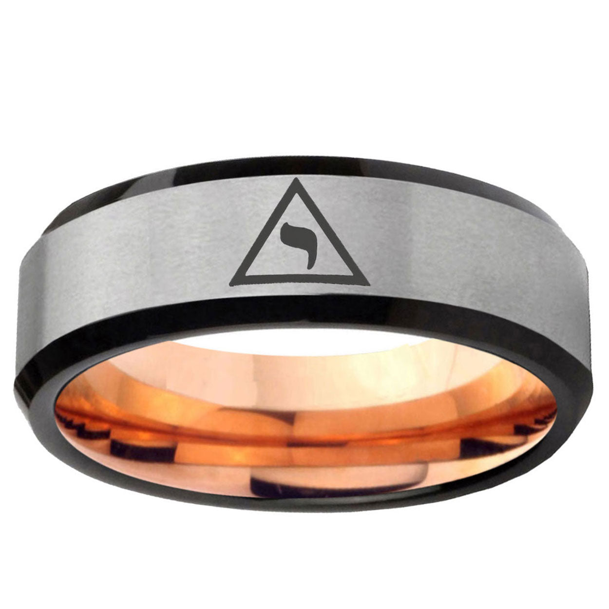 6MM Masonic Yod Beveled Rose Gold Gray Tungsten Promise Ring Guys