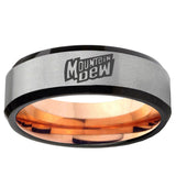 6, 8mm Mountain Dew Beveled Edge Gray And Rose Gold Tungsten Engraved Ring