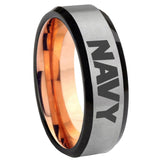 8mm Navy Beveled Edge Gray And Rose Gold Tungsten Carbide Men Wedding Ring