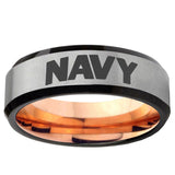 6, 8mm Navy Beveled Edge Gray And Rose Gold Tungsten Carbide Men Wedding Ring