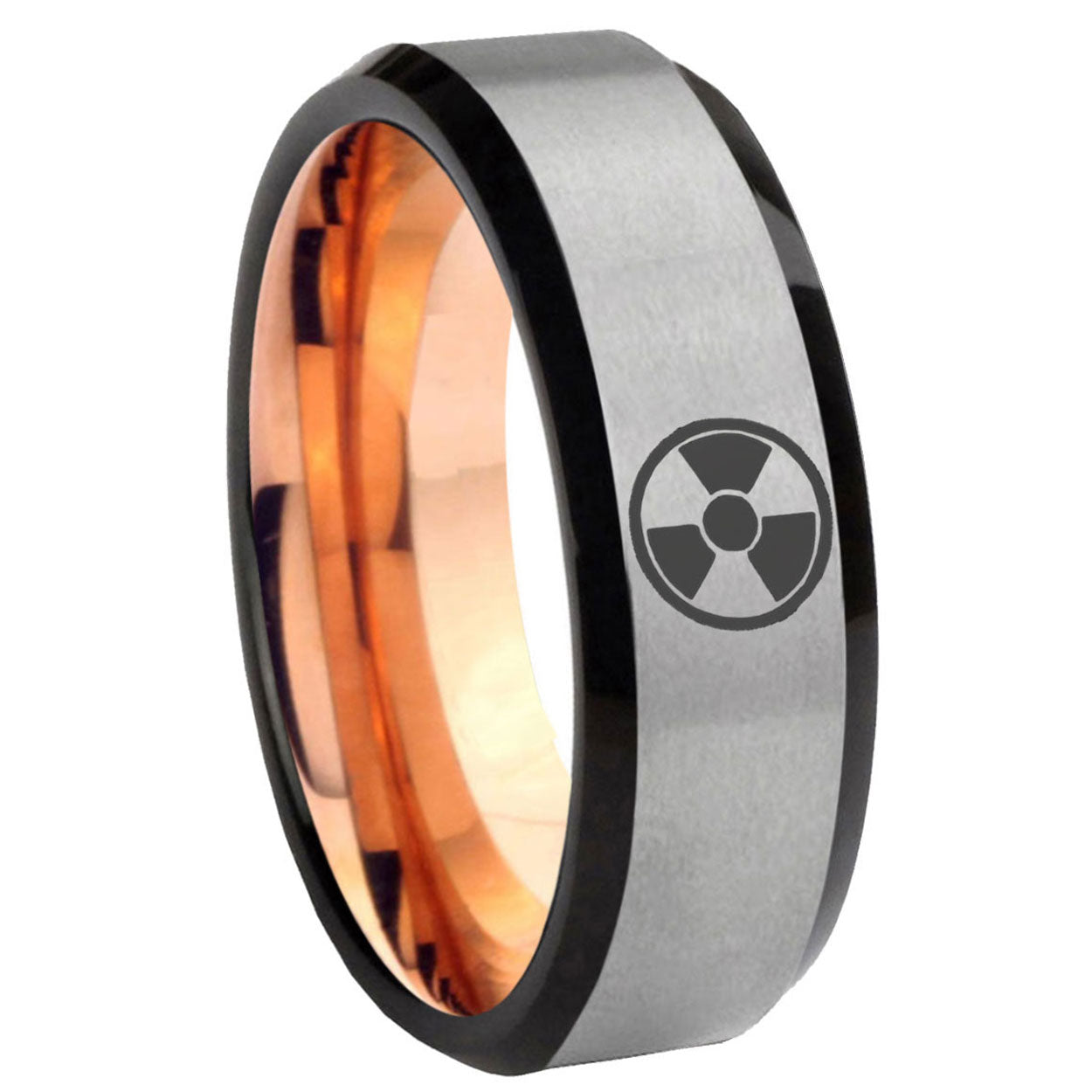 8MM Radiation Beveled Rose Gold Gray Tungsten Ring For Him