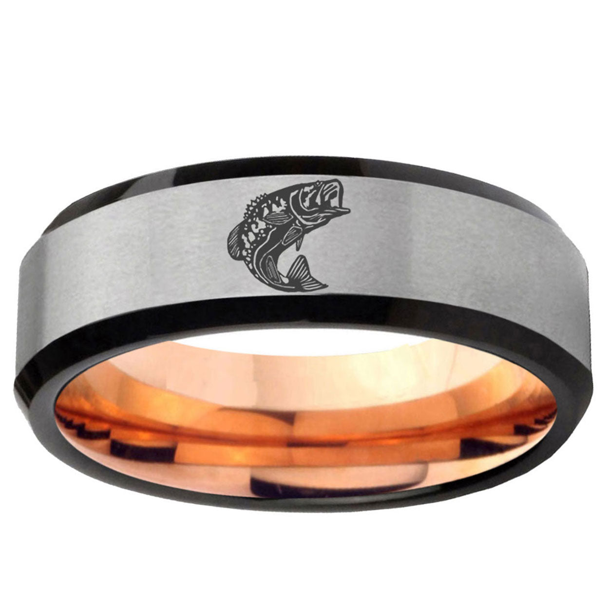 6MM Fishing Beveled Rose Gold Gray Tungsten Ring For Him