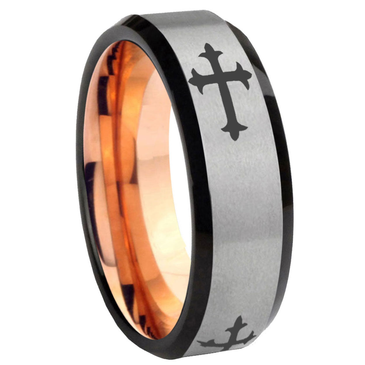 8MM Christian Cross Religious Beveled Rose Gold Gray Tungsten Mens Ring