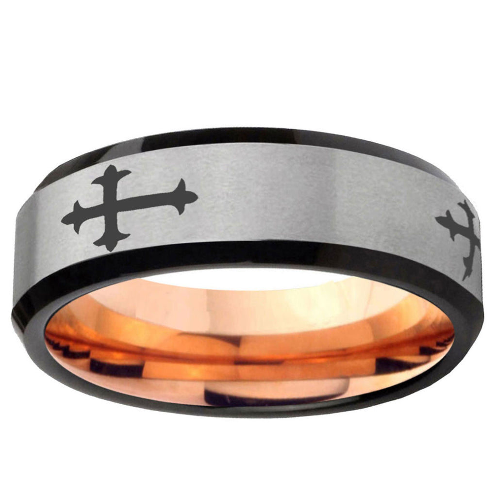 6MM Christian Cross Religious Beveled Rose Gold Gray Tungsten Mens Ring