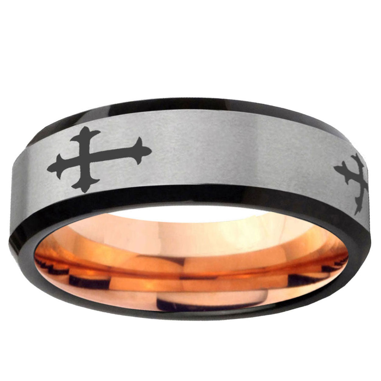 6MM Christian Cross Religious Beveled Rose Gold Gray Tungsten Mens Ring