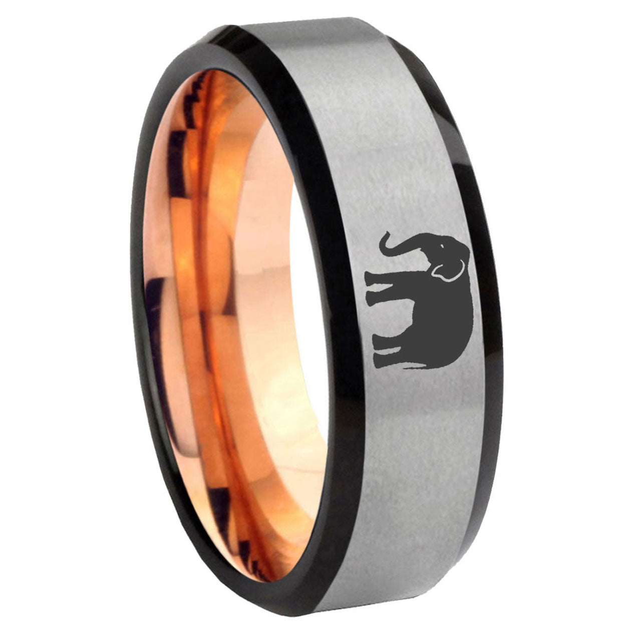 8MM Elephant Beveled Rose Gold Gray Tungsten Comfort Fit Ring
