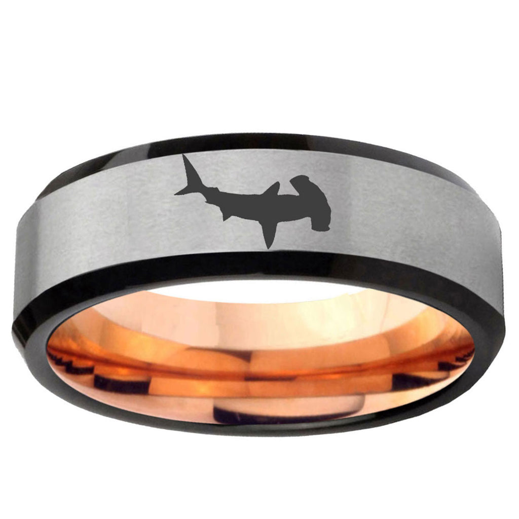 6MM Hammerhead Shark Beveled Rose Gold Gray Tungsten Comfort Fit Ring