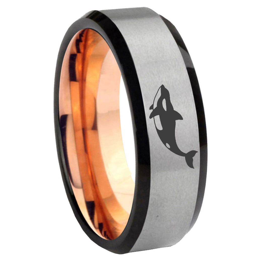 8MM Killer Whale Beveled Rose Gold Gray Tungsten Engravable Ring