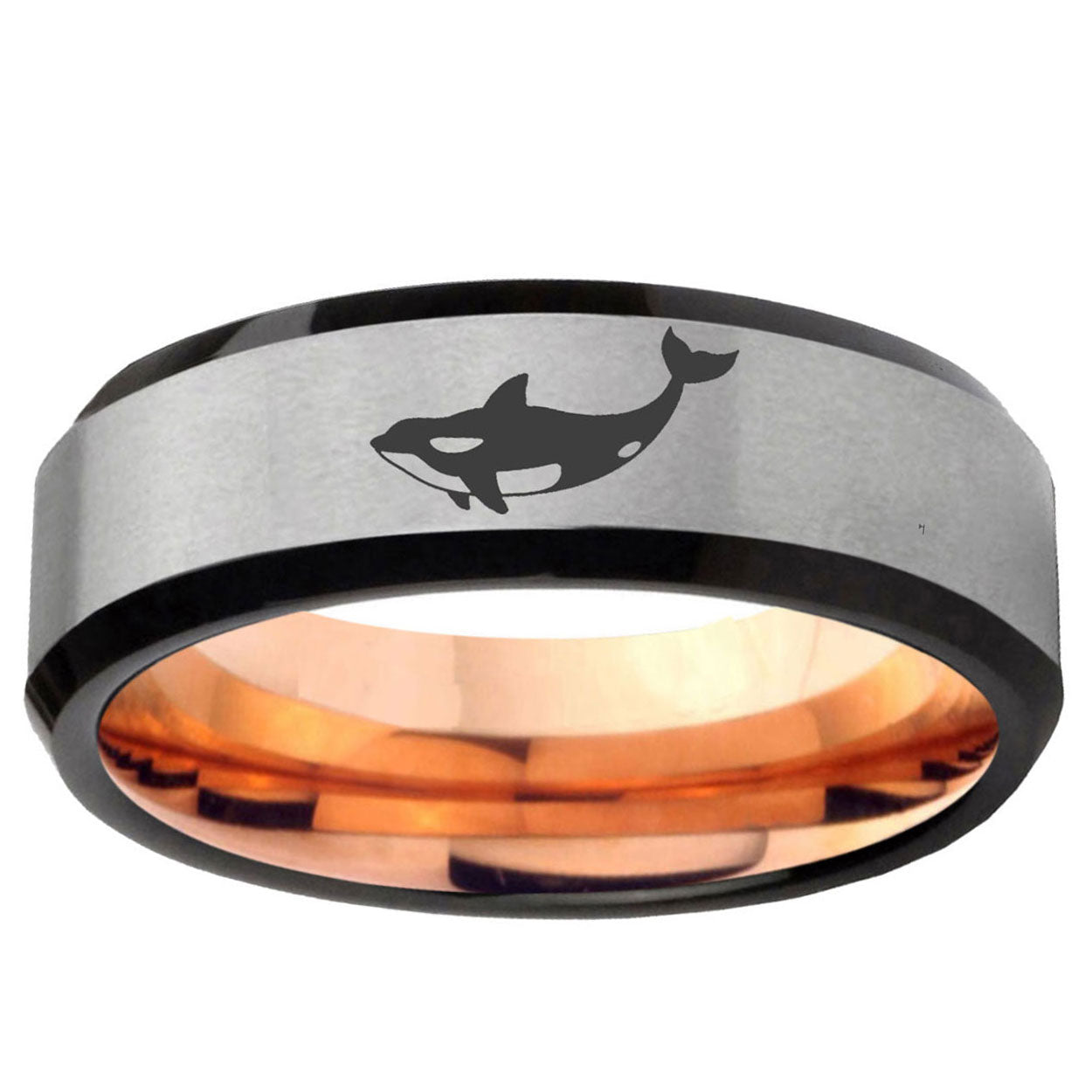 6MM Killer Whale Beveled Rose Gold Gray Tungsten Engravable Ring