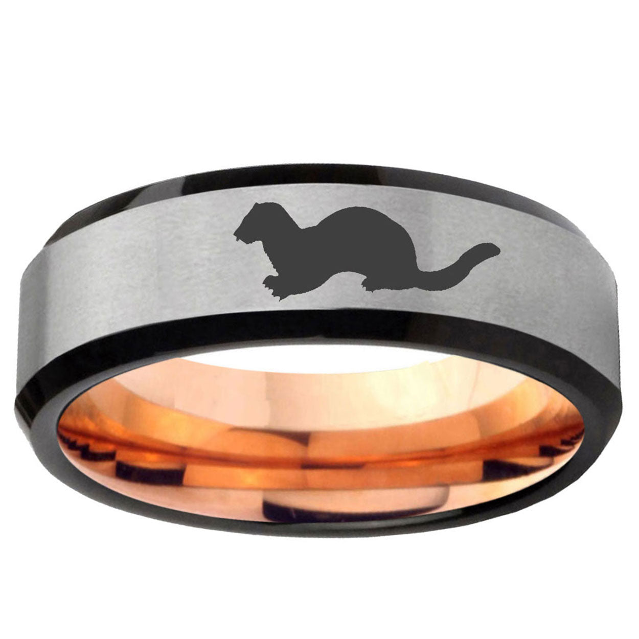 6MM Otter Beveled Rose Gold Gray Tungsten Engravable Ring