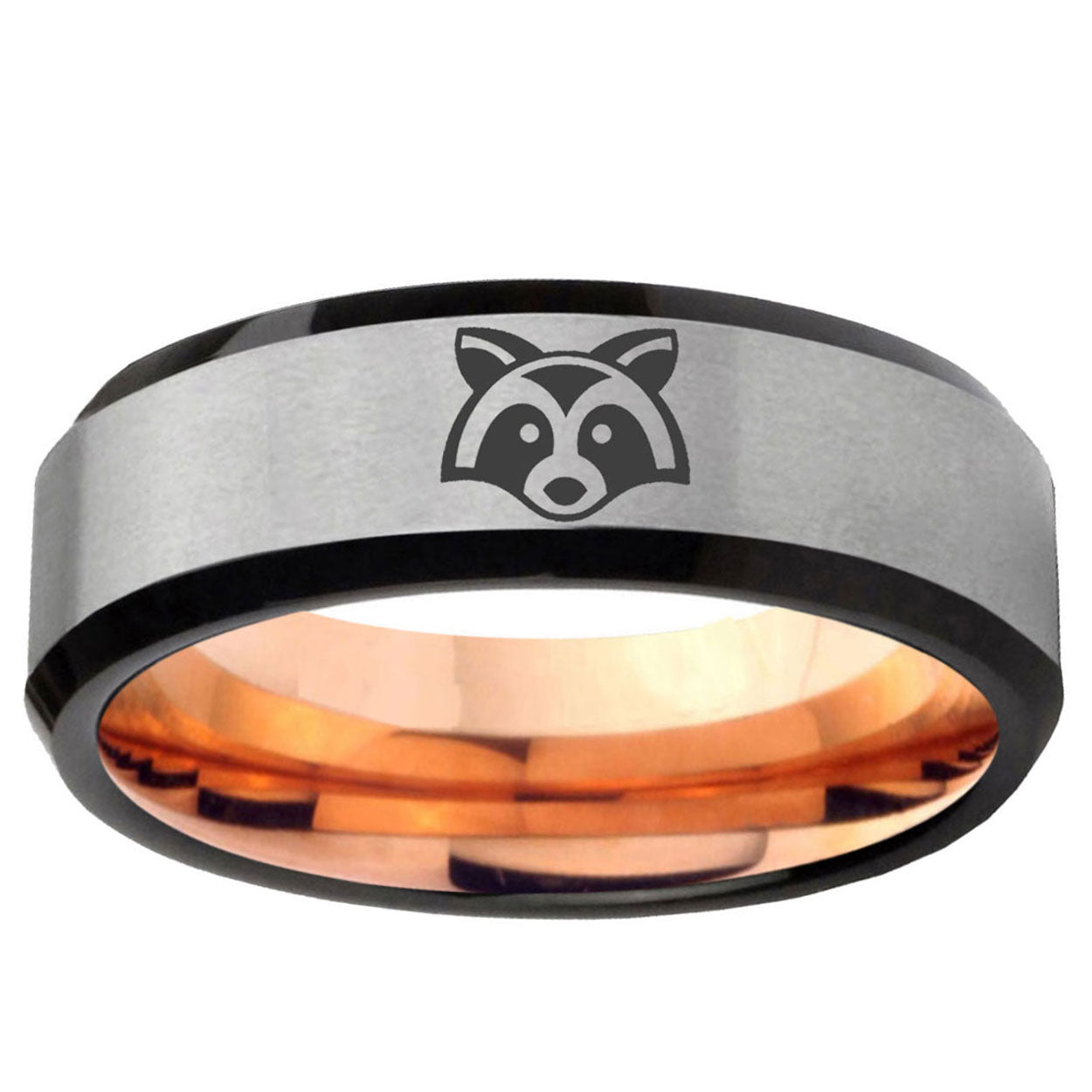 6MM Raccoon Beveled Rose Gold Gray Tungsten Wedding Band Men