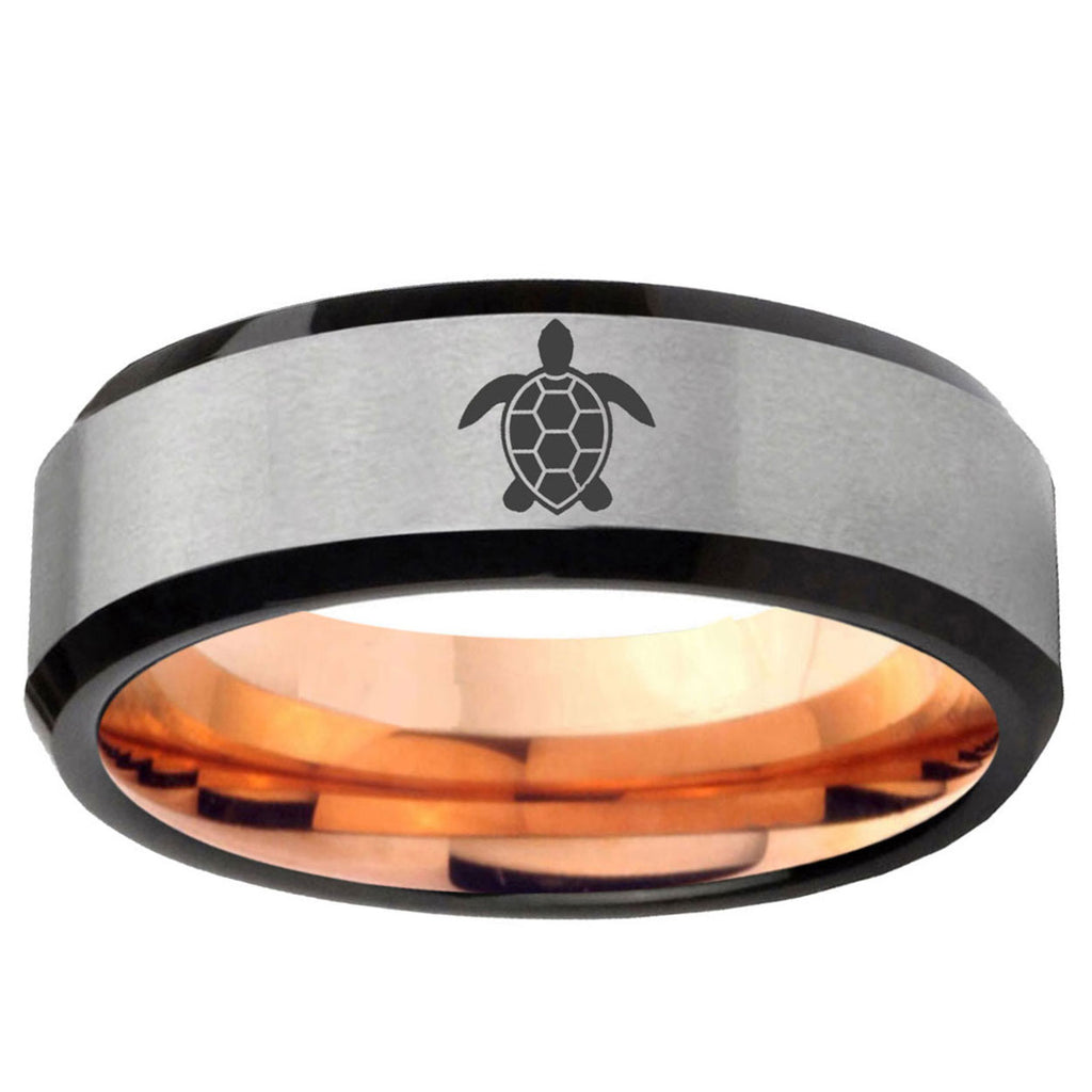 6MM Sea Turtle Beveled Rose Gold Gray Tungsten Mens Engagement Ring