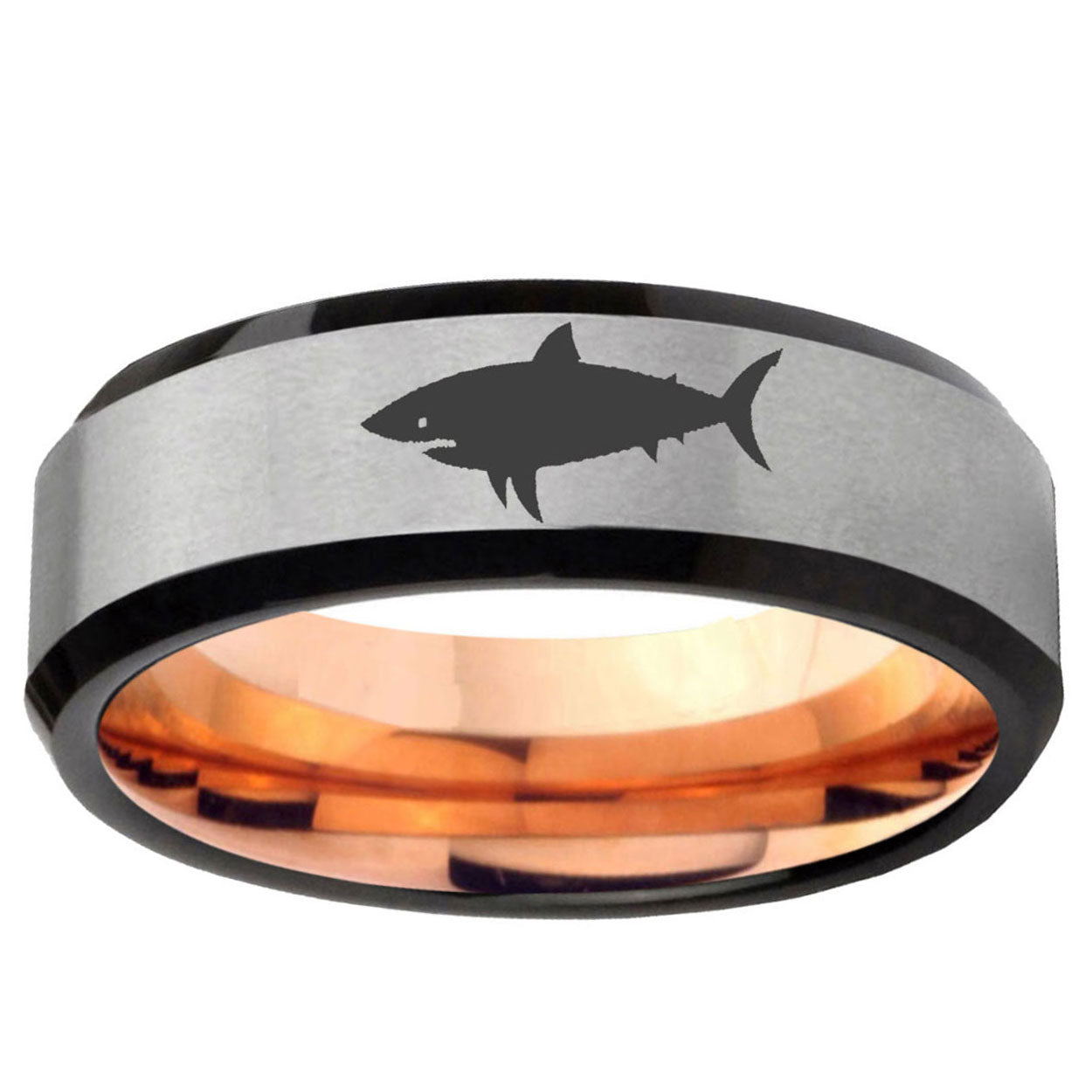 6MM Shark Beveled Rose Gold Gray Tungsten Wedding Rings