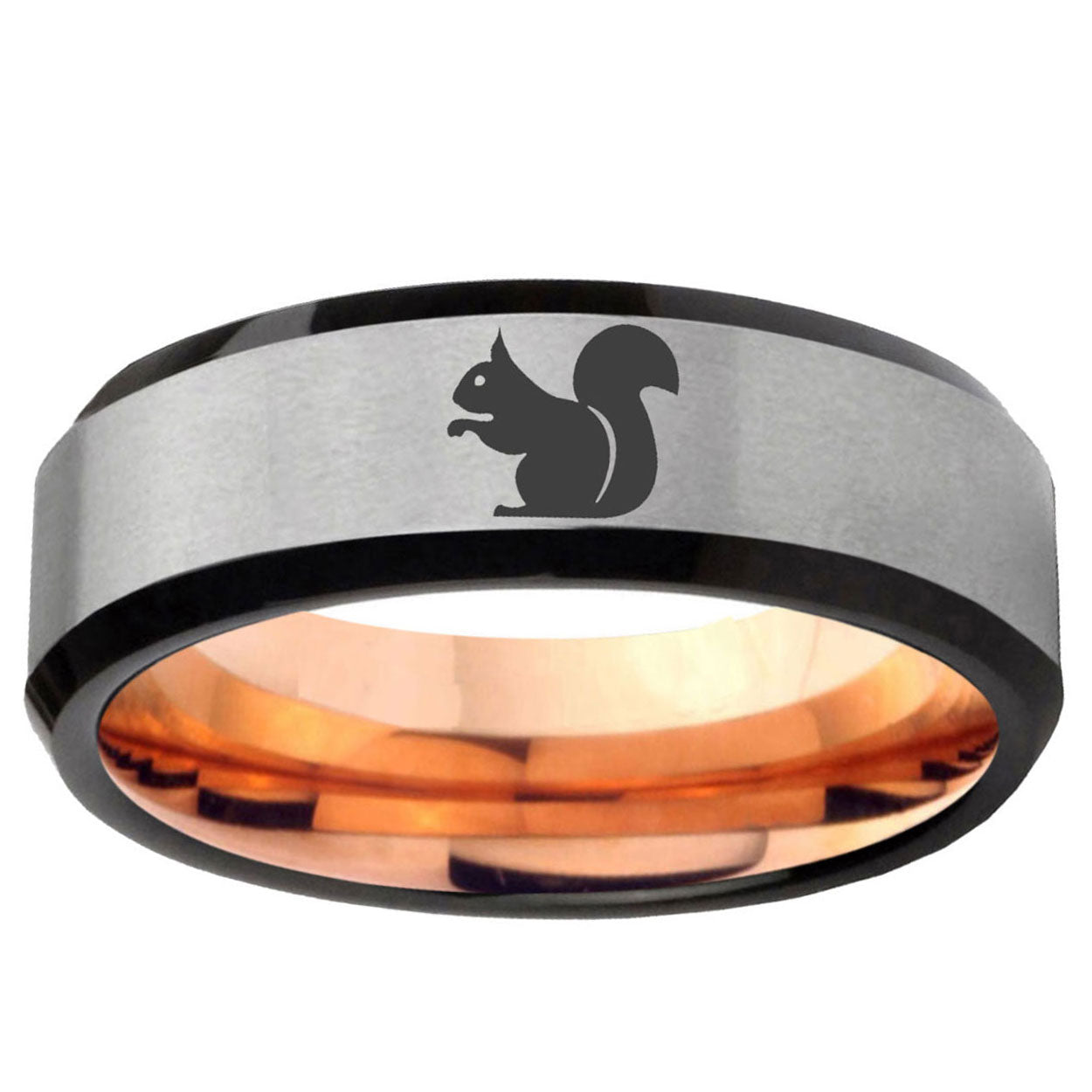 6MM Squirrel Beveled Rose Gold Gray Tungsten Engravable Ring