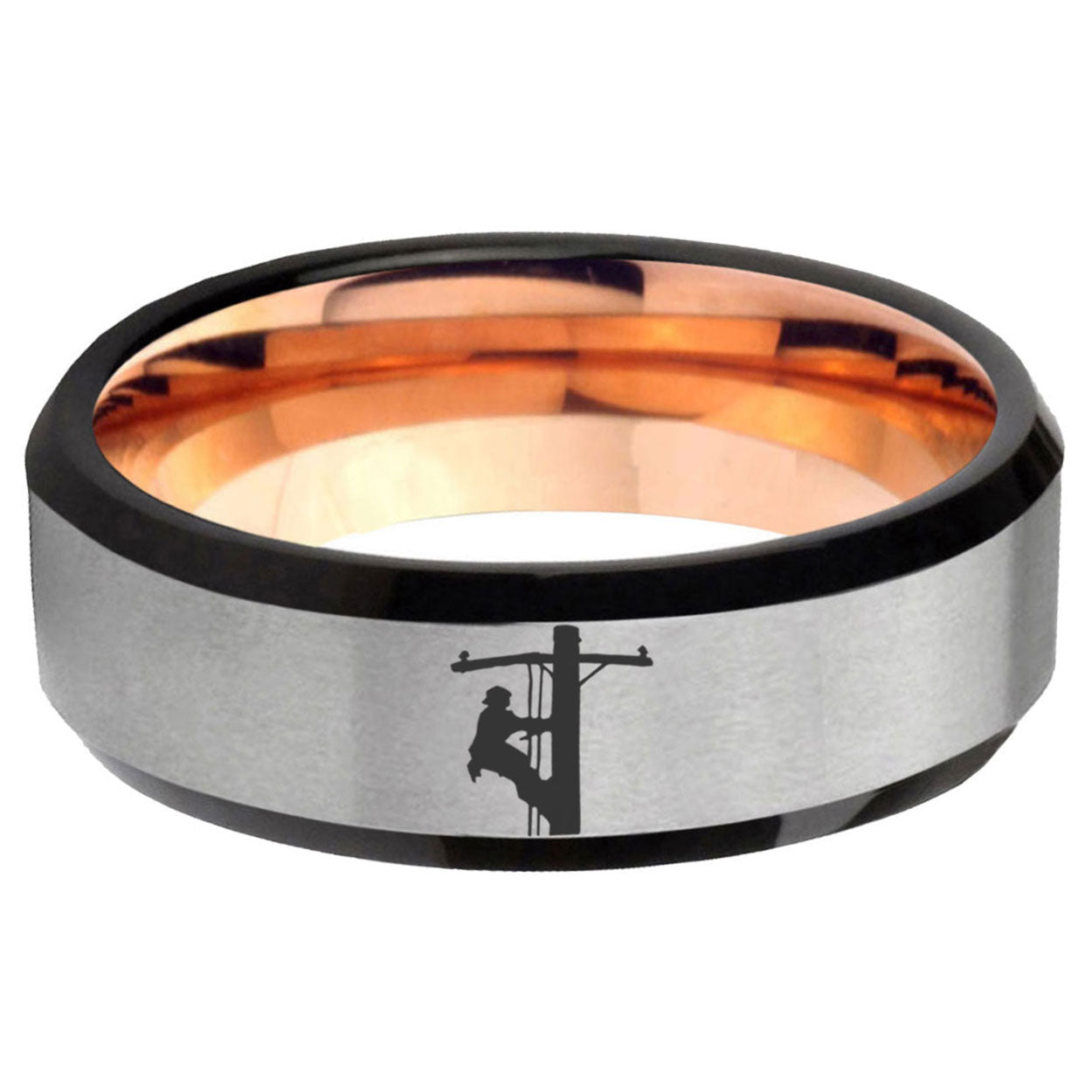 6MM Lineman Symbol Beveled Rose Gold Gray Tungsten Wedding Band