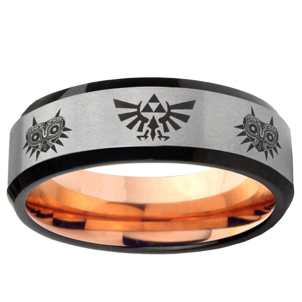 6MM Zelda Majora's Mask Beveled Rose Gold Gray Tungsten Wedding Band