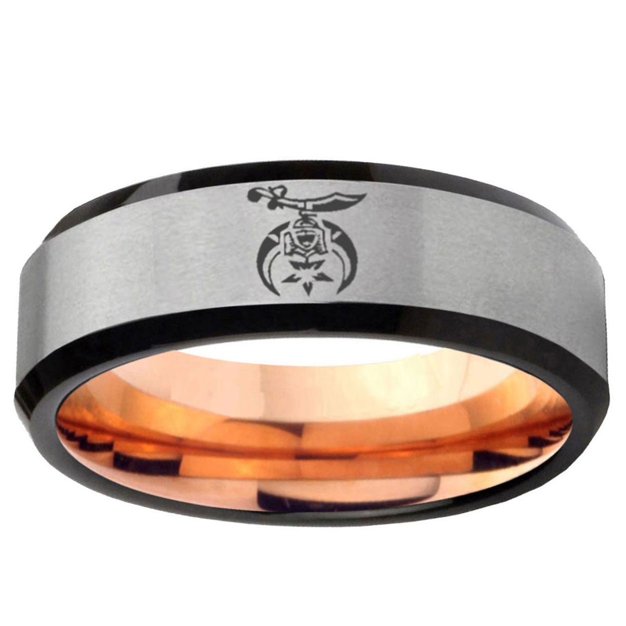 6MM Masonic Shriners Beveled Rose Gold Gray Tungsten Engravable Ring
