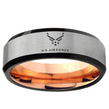 6, 8mm Gray And Rose Gold Beveled Edge US Air Force Tungsten 2 Tone Laser Engraved Ring