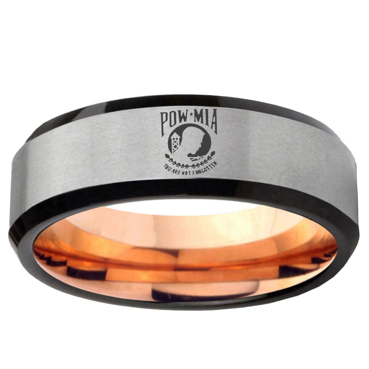 6MM Military Pow Bevel Beveled Rose Gold Gray Tungsten Band