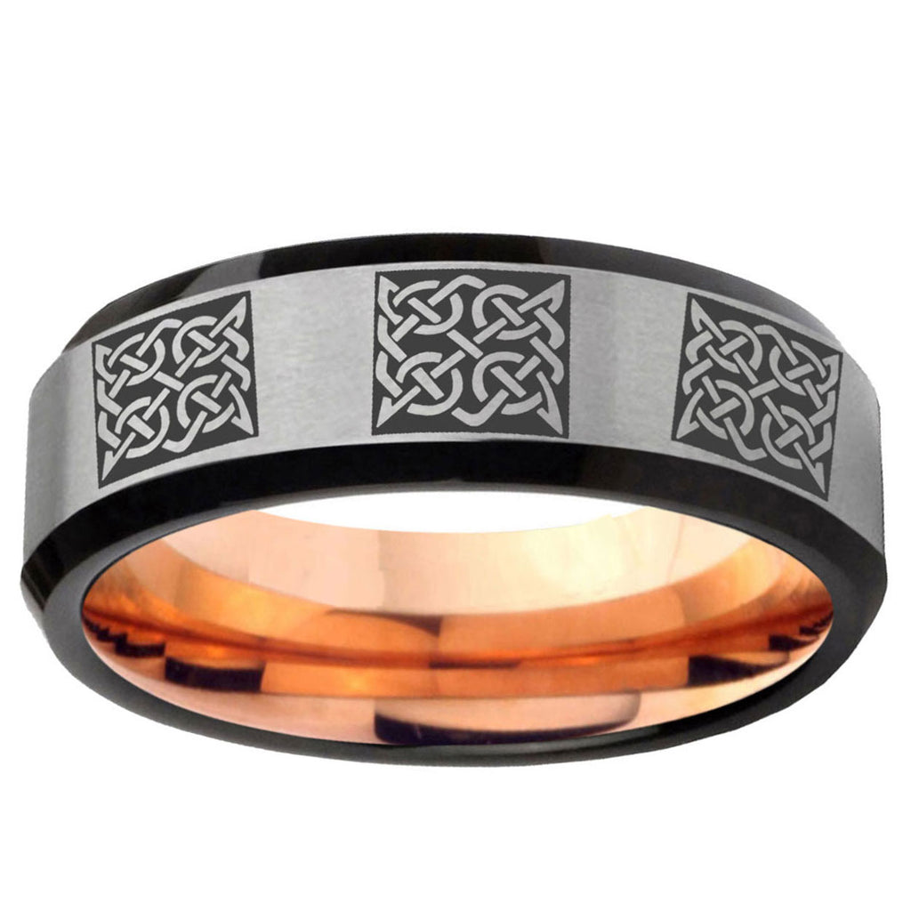 6MM Multiple Celtic Beveled Rose Gold Gray Tungsten Mens Ring