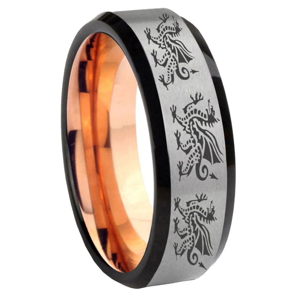 8MM Multiple Dragon Beveled Rose Gold Gray Tungsten Mens Promise Ring