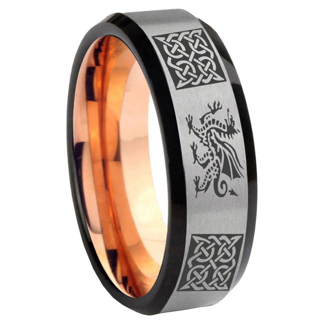 8MM Multiple Dragon Celtic Beveled Rose Gold Gray Tungsten Wedding Band