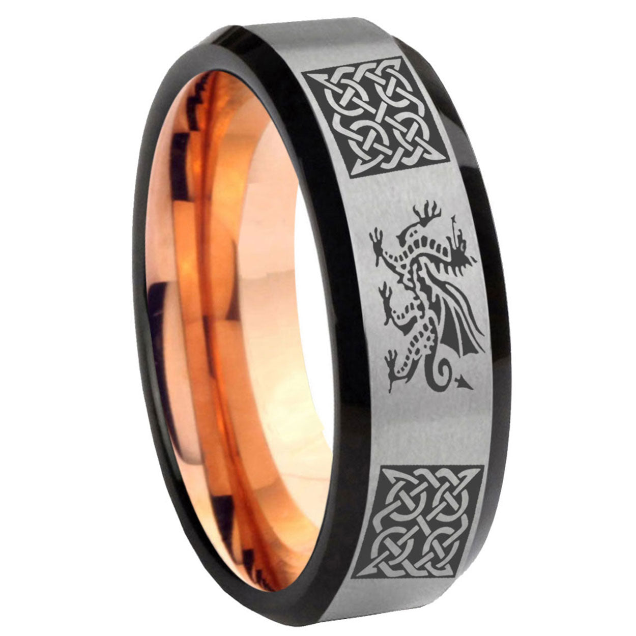 8MM Multiple Dragon Celtic Beveled Rose Gold Gray Tungsten Wedding Band