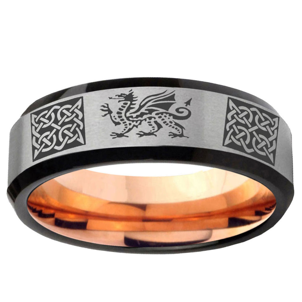 6MM Multiple Dragon Celtic Beveled Rose Gold Gray Tungsten Wedding Band