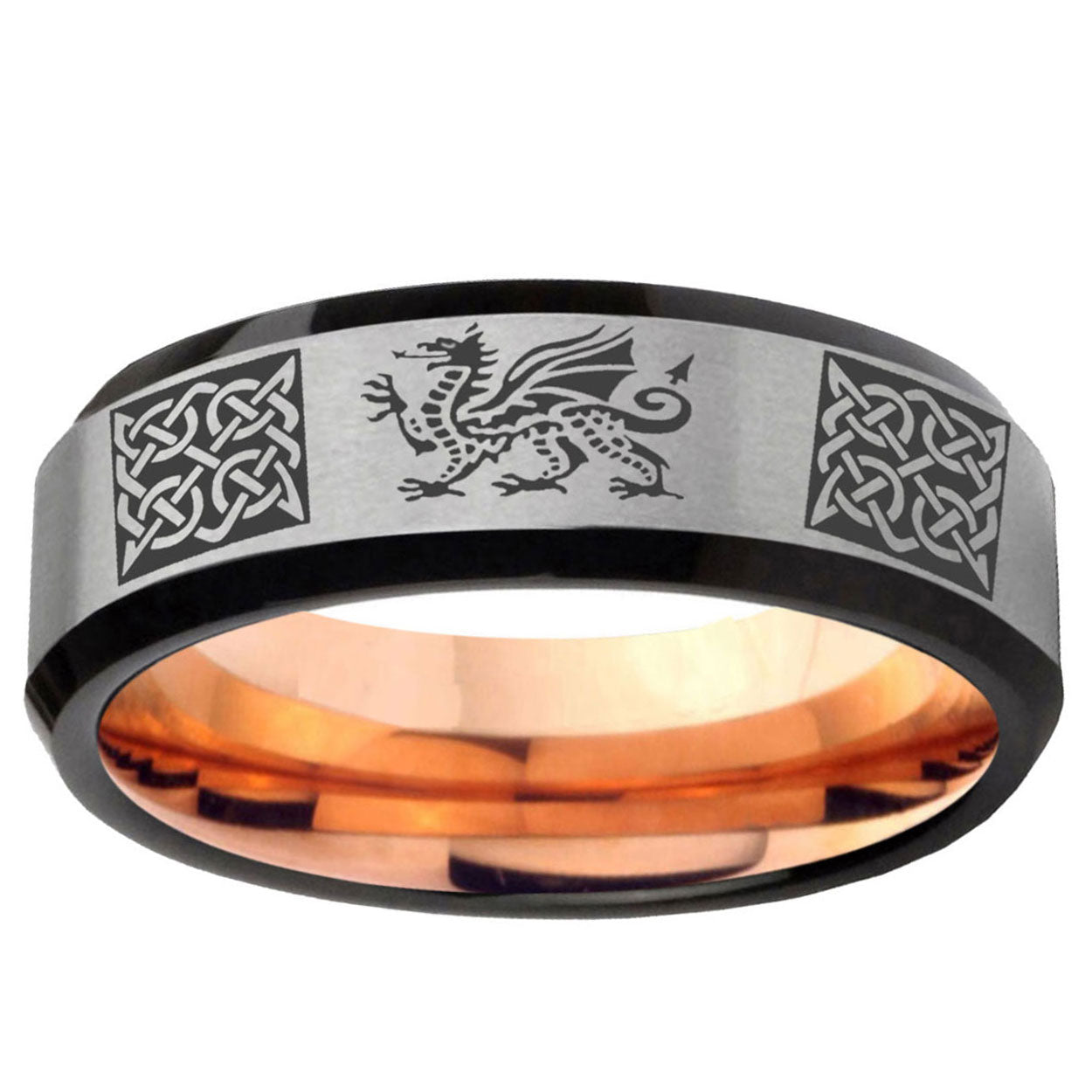 6MM Multiple Dragon Celtic Beveled Rose Gold Gray Tungsten Wedding Band