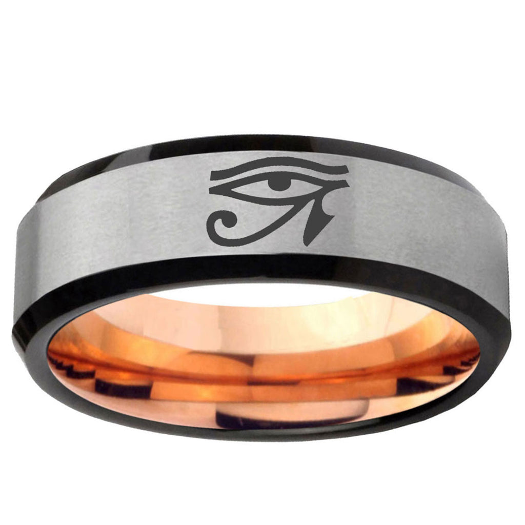 6MM Seeing Eye Beveled Rose Gold Gray Tungsten Promise Ring For Men